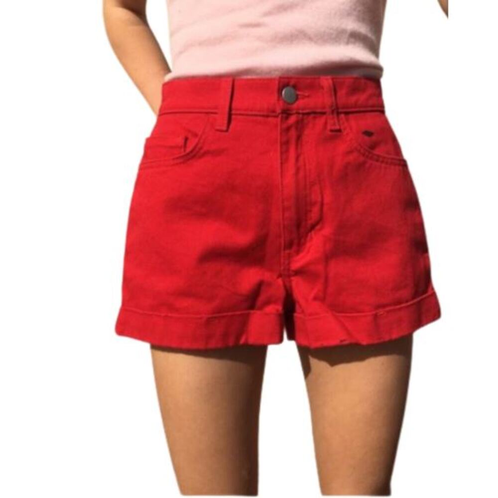 American Apparel Red Denim Shorts High Waisted Cuffed Jean Shorts Size 24 25